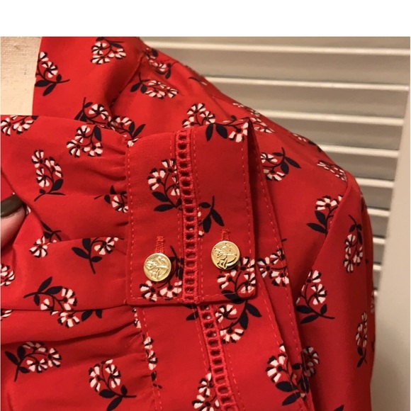 Draper James Lipstick Tie Neck Blouse in Lipstick Red Floral, Size XSmall - Picture 7 of 16